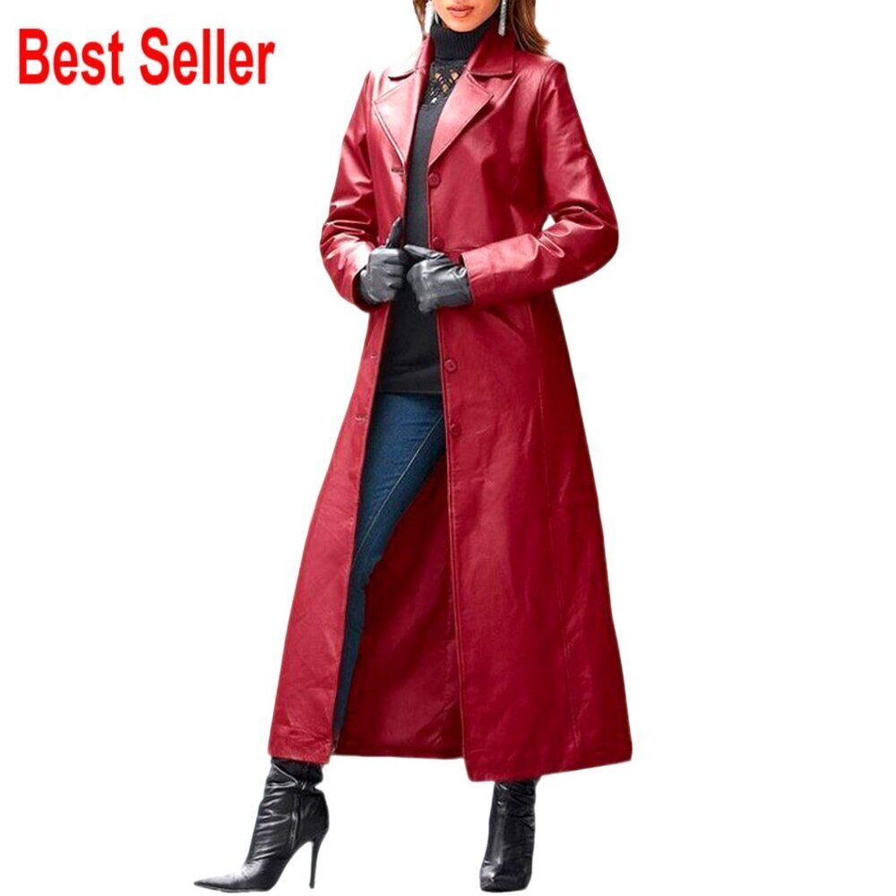 Faux Leather Trench Coat Maxi Length Lapel Button Down Overcoat